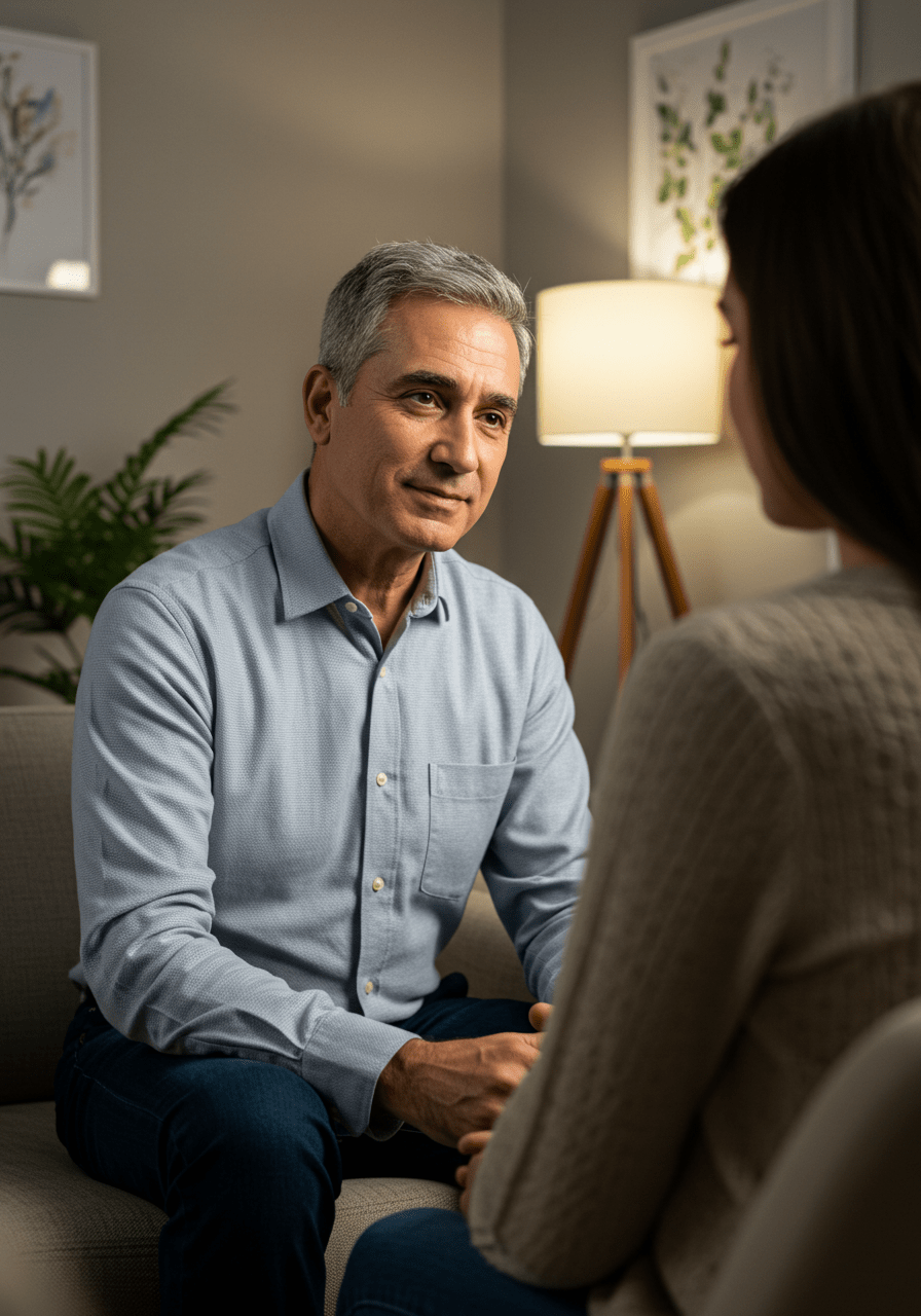 A therapist providing aftercare and emotional support in a therapy session to strengthen connection