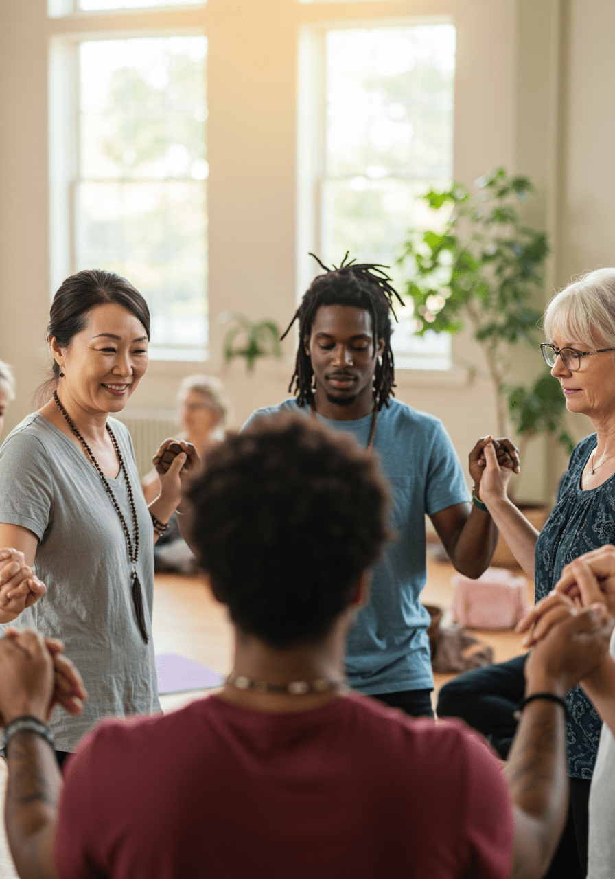 Diverse group engaged in a healing circle, emphasizing communal and spiritual relationship practices