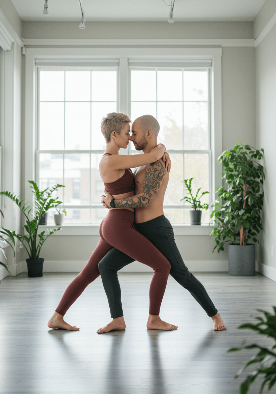 Couple practicing yoga together in a well-lit studio, symbolizing mindful and conscious relationships