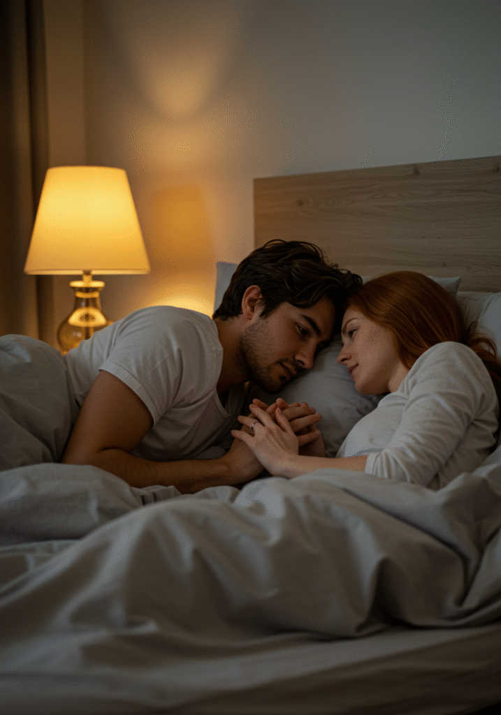 Couple engaging in sensate focus exercise on bed to develop intimacy and mindfulness in their sex life