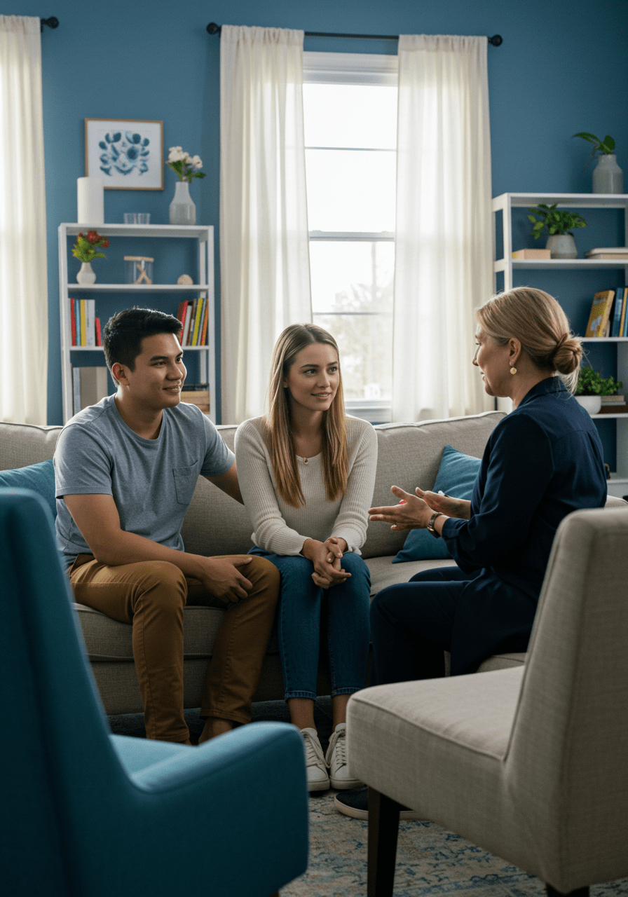 Therapist assisting a couple with sensate focus techniques to improve intimacy and communication