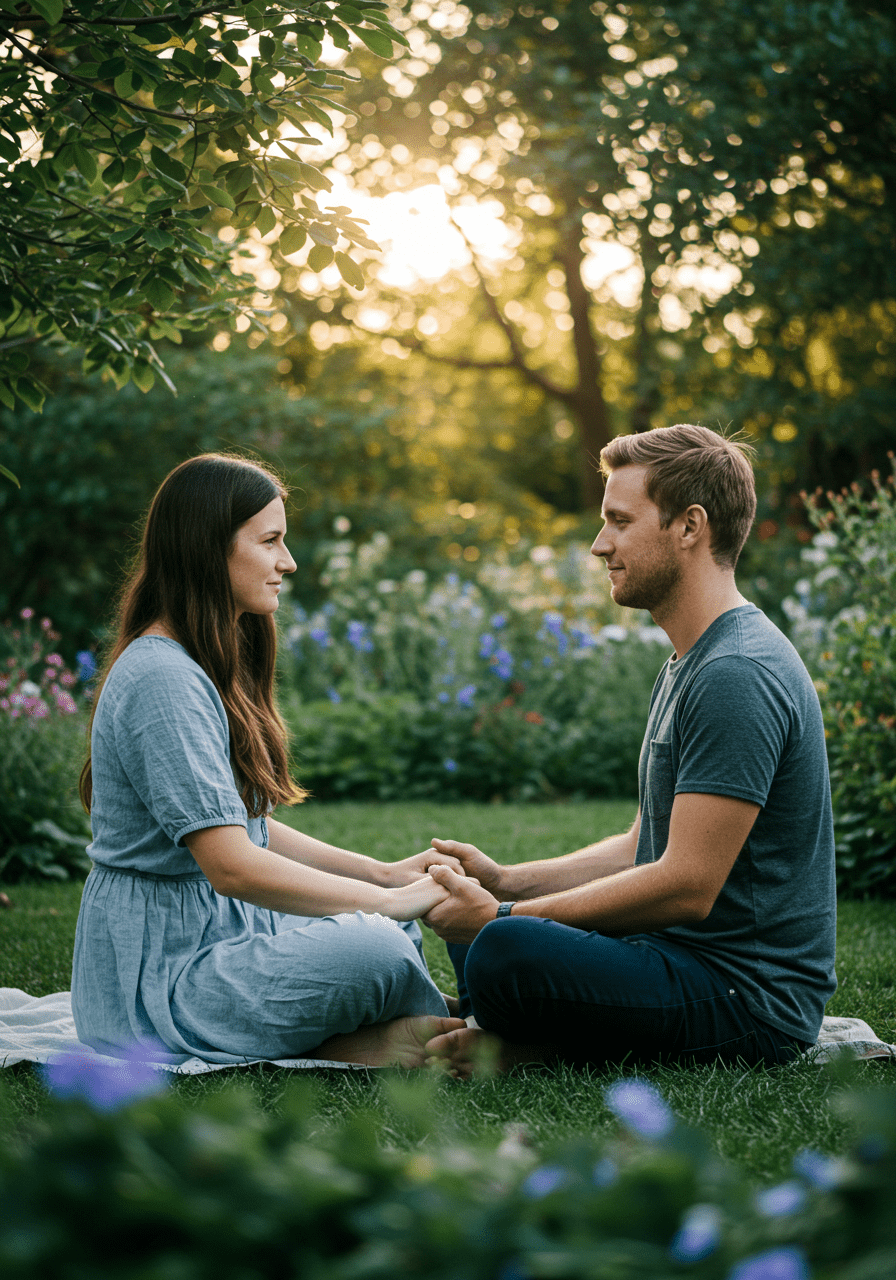 Couple engaging in mindful, sensate focus activities outdoors to deepen their intimacy