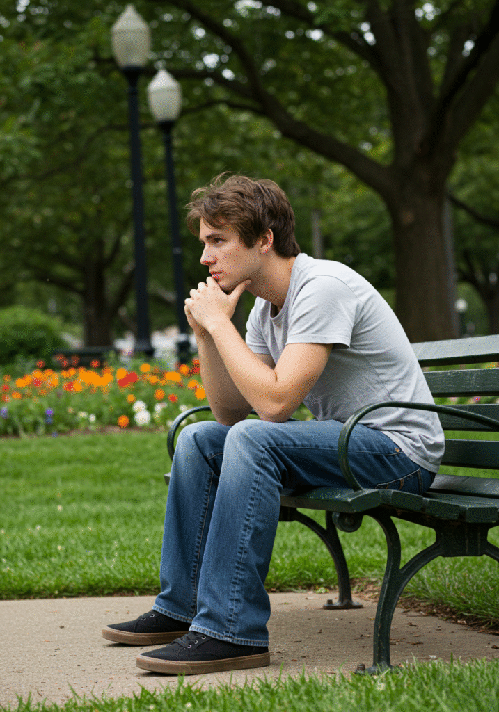 Individual meditating and reflecting alone in a park to promote self-awareness and personal growth