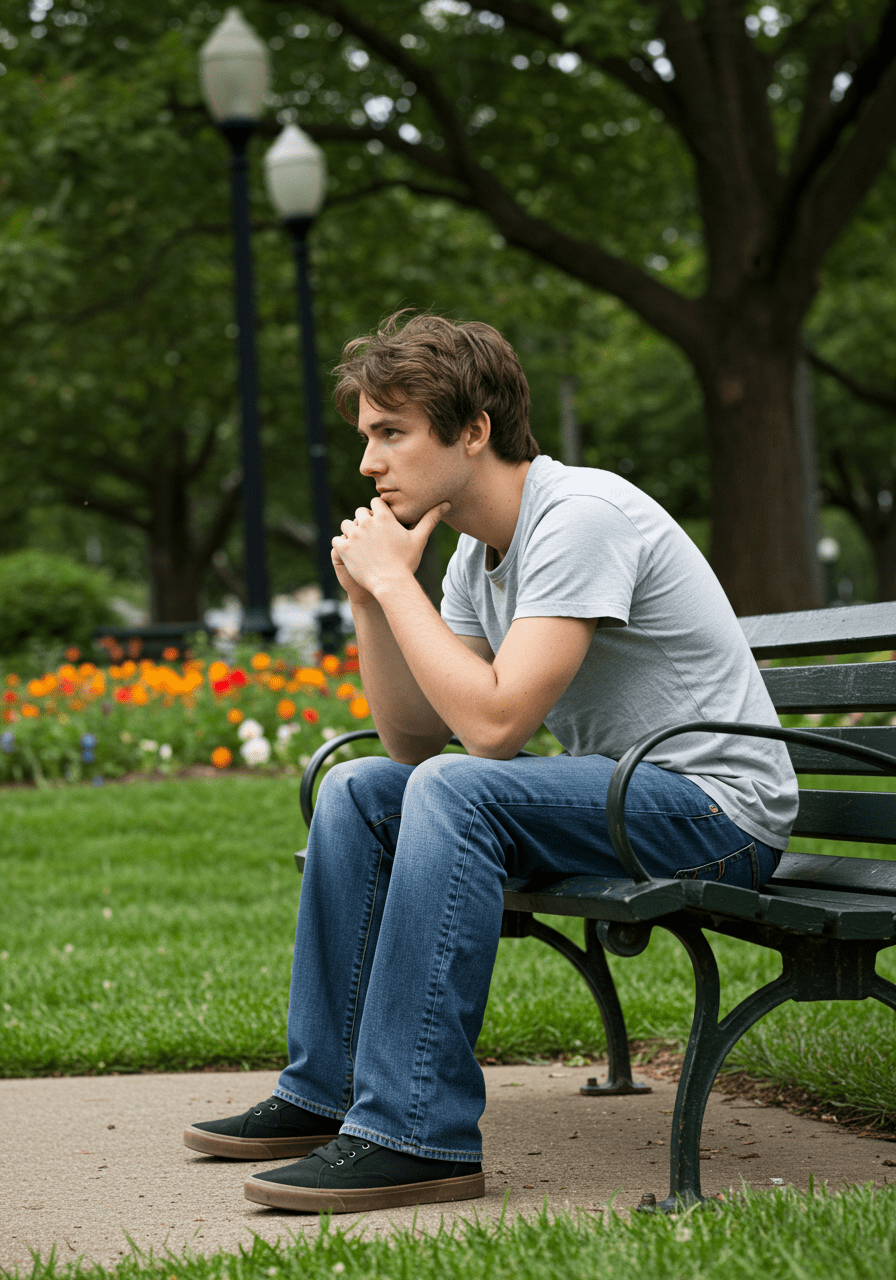 Individual meditating and reflecting alone in a park to promote self-awareness and personal growth
