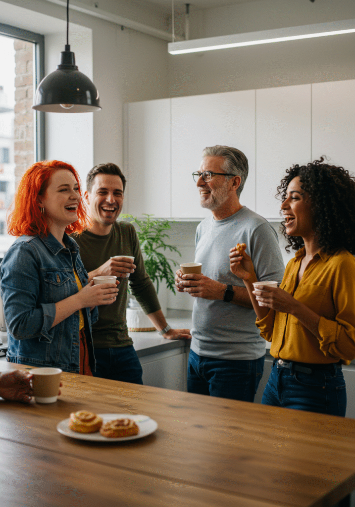 Diverse colleagues enjoying coffee break and friendly chat in office kitchen, highlighting workplace camaraderie.