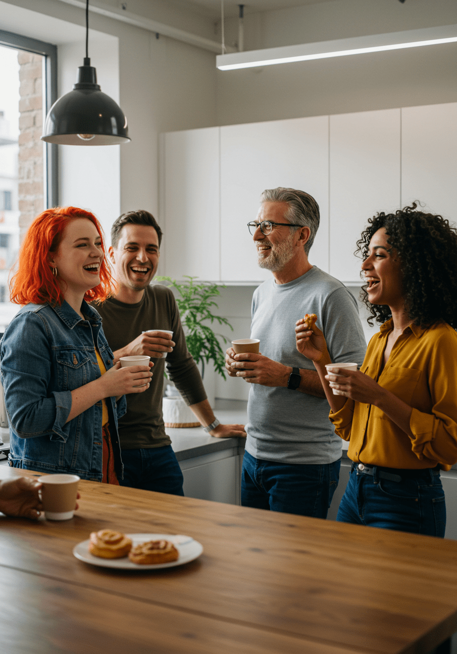 Diverse colleagues enjoying coffee break and friendly chat in office kitchen, highlighting workplace camaraderie.