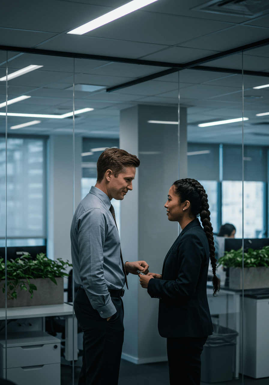 Coworkers engaging in a private, respectful conversation in a quiet office area, illustrating boundaries in friendships.
