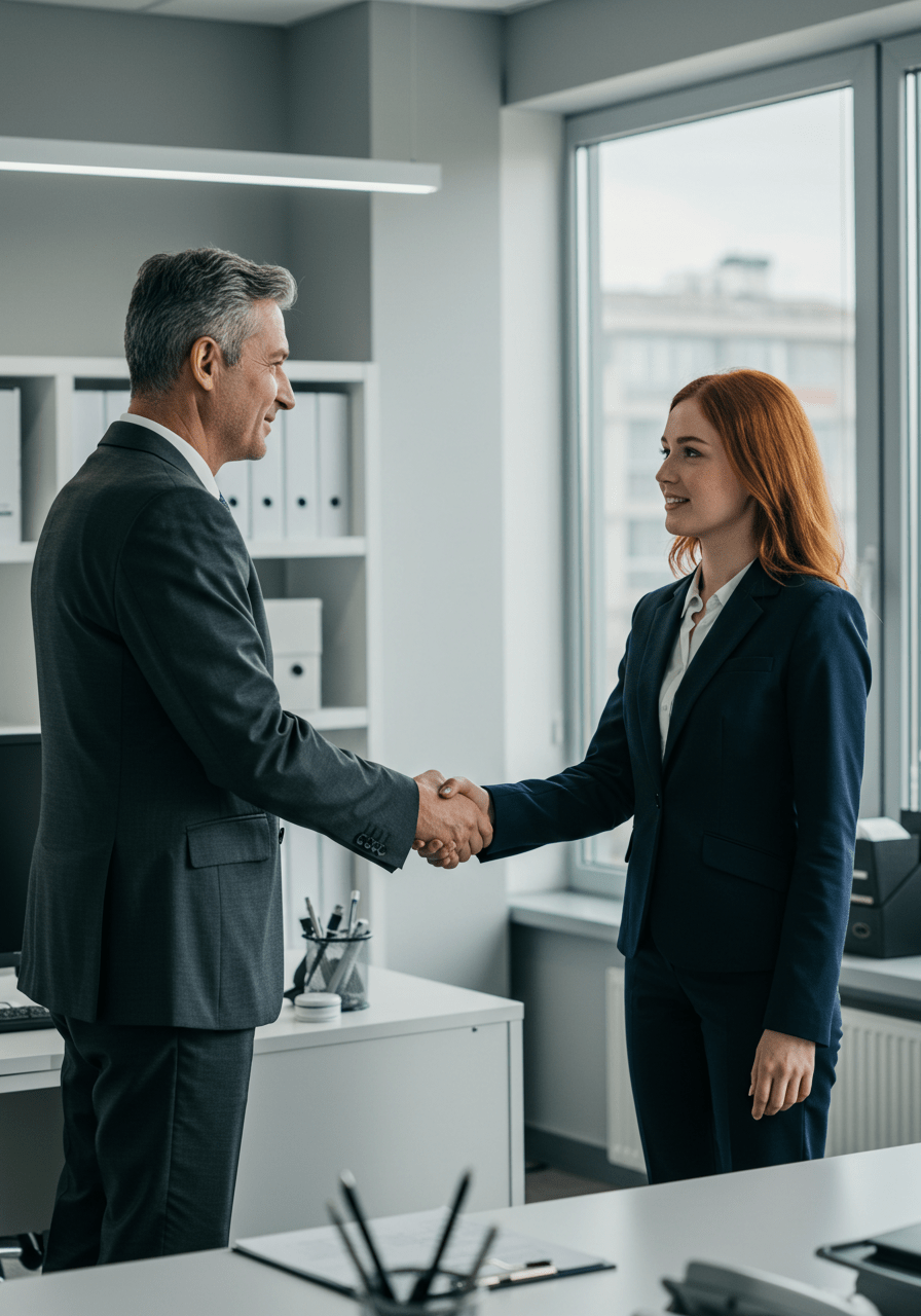 Supervisor and employee exchanging a handshake in office, emphasizing professionalism and workplace boundaries.