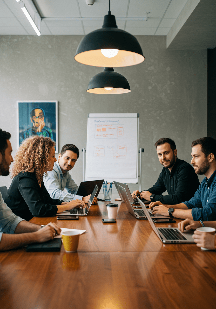 Team of coworkers collaborating in a meeting room, showcasing professional relationships and teamwork.