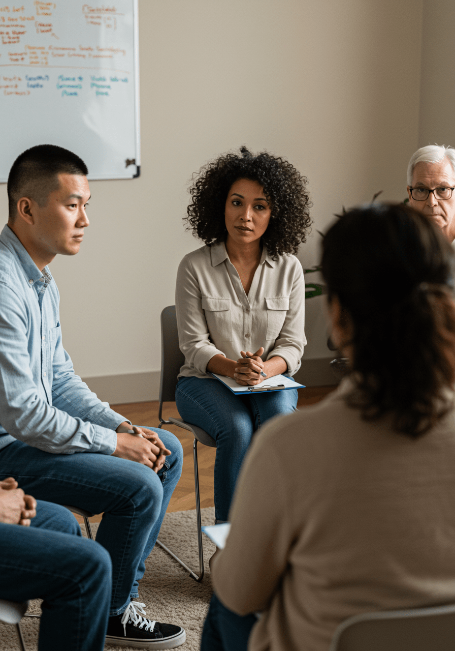 Diverse group participating in a therapy session about attachment styles and love life
