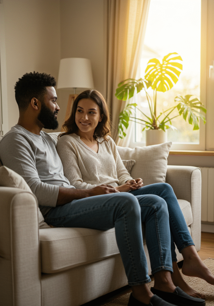 Married couple discussing boundaries with in-laws in a calm and loving home setting.