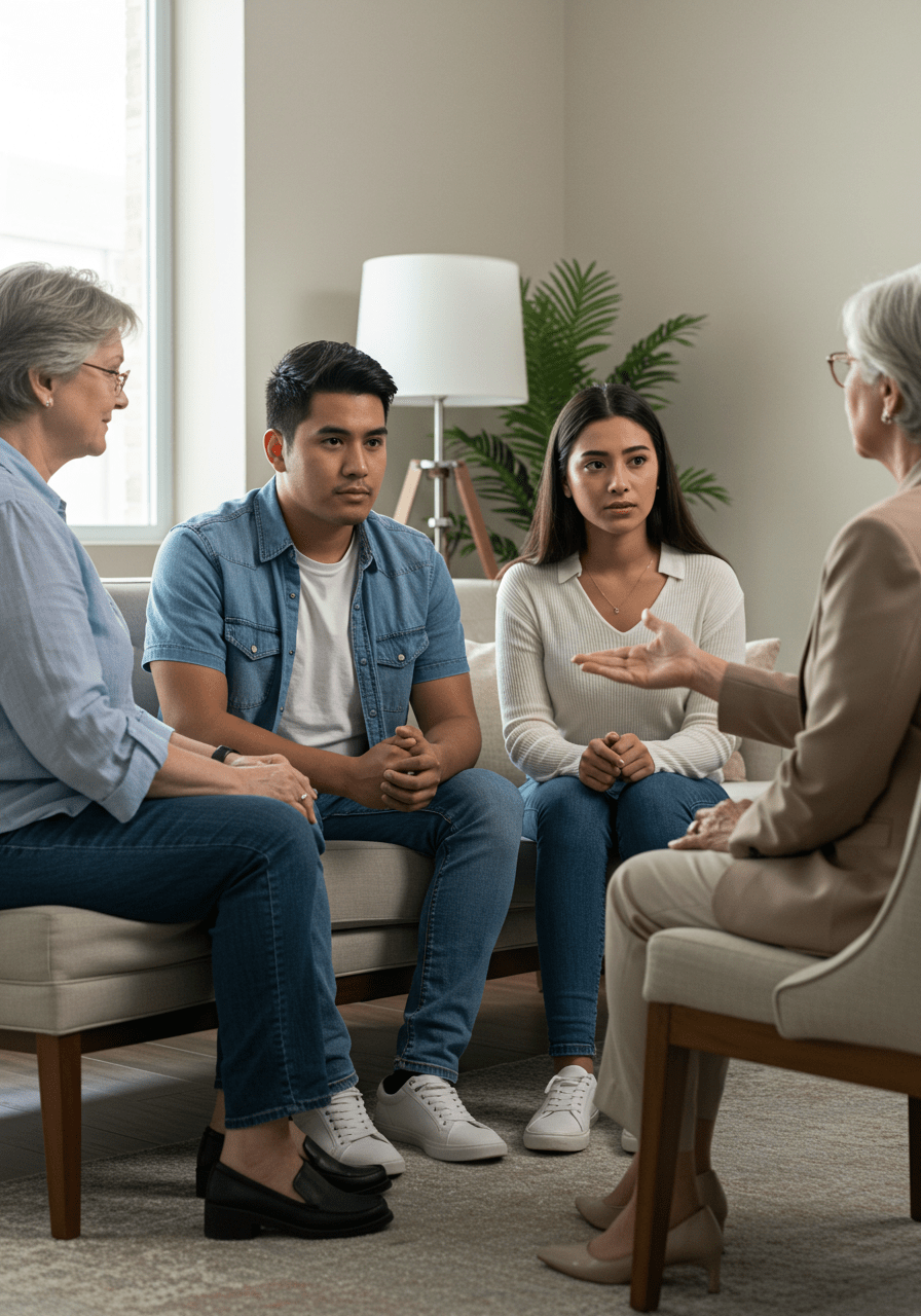 Counseling session focused on healthy boundaries with in-laws to maintain marriage peace.