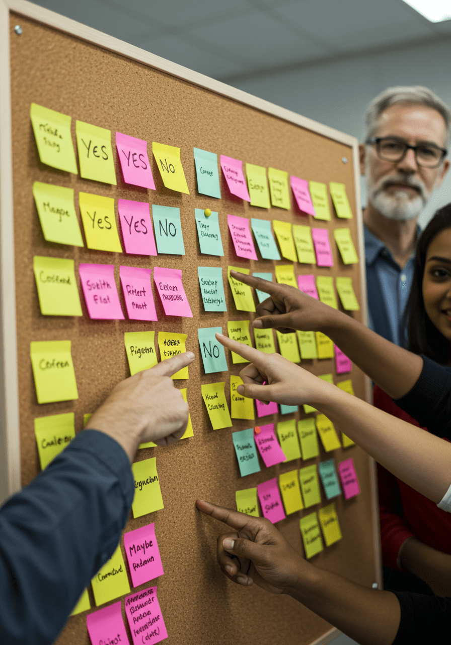 People organizing and presenting their boundary options using mounted sticky notes labeled 'Yes', 'No', and 'Maybe'