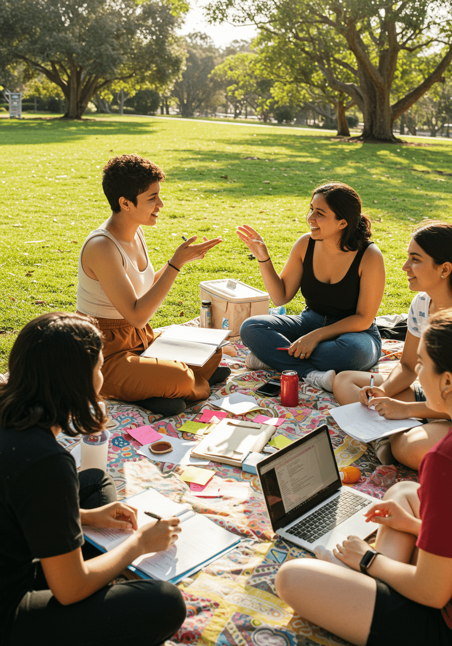 Casual outdoor gathering with friends working together on their 'Yes, No, Maybe' boundary activity in a park
