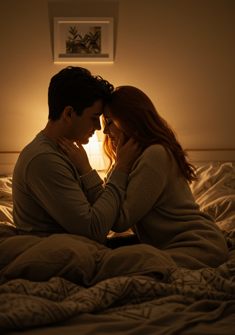 Couple sharing a passionate embrace in a warmly lit bedroom, illustrating deep physical and emotional intimacy.