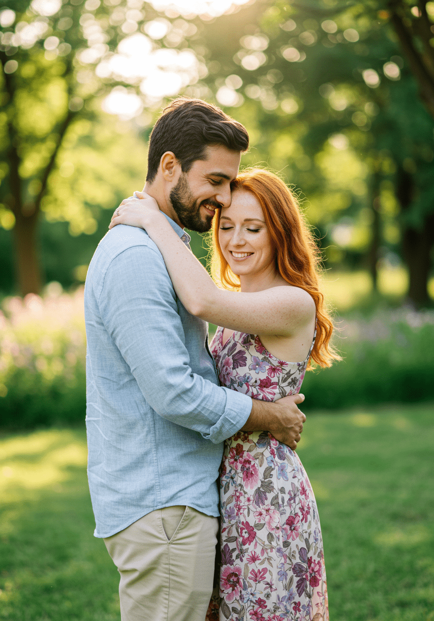 Happy couple hugging outdoors, illustrating true love and emotional connection