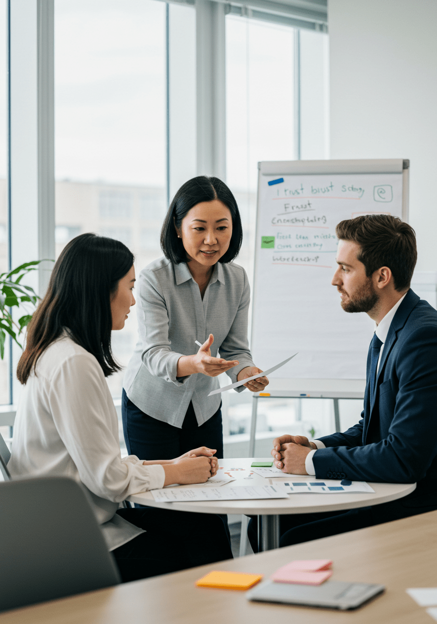 A workplace mediator facilitating a trust recovery session between two employees