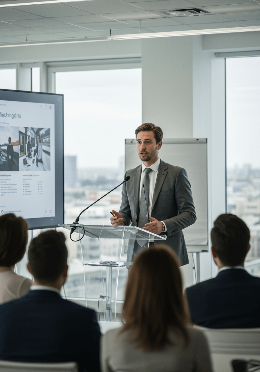 Confident professional giving a presentation in an office, illustrating career achievement.
