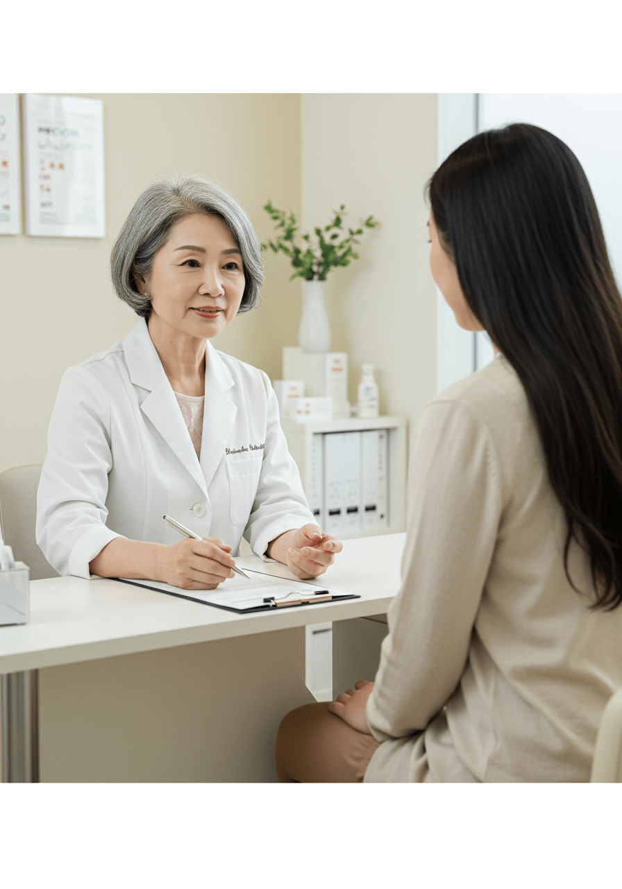 Doctor talking to a woman patient about non-hormonal remedies for low libido in a clinic setting.