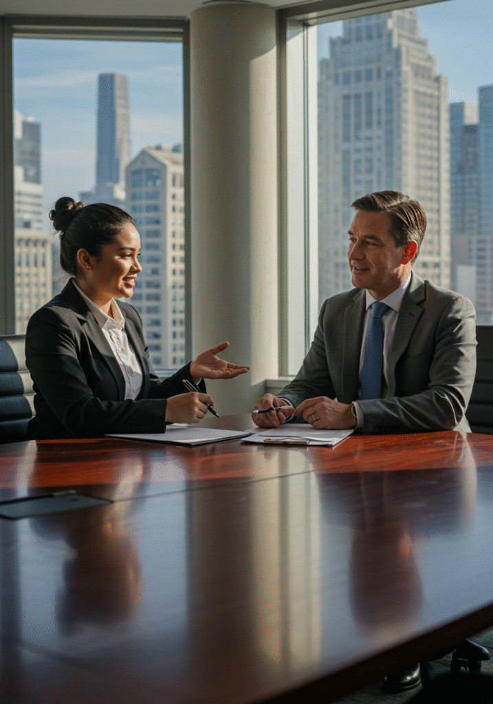 Employee and boss having a positive conversation in a modern office to depict healthy workplace relations