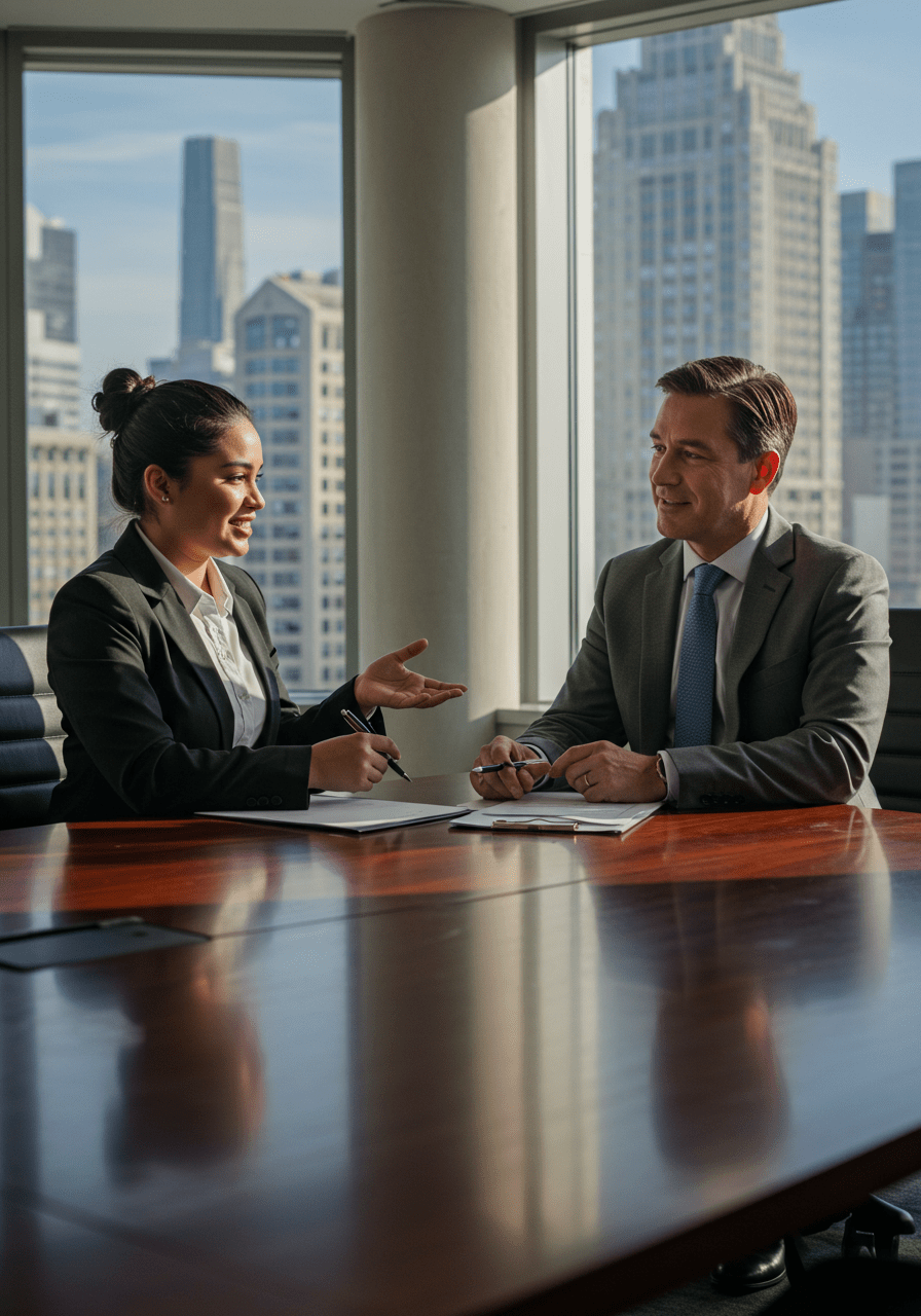 Employee and boss having a positive conversation in a modern office to depict healthy workplace relations