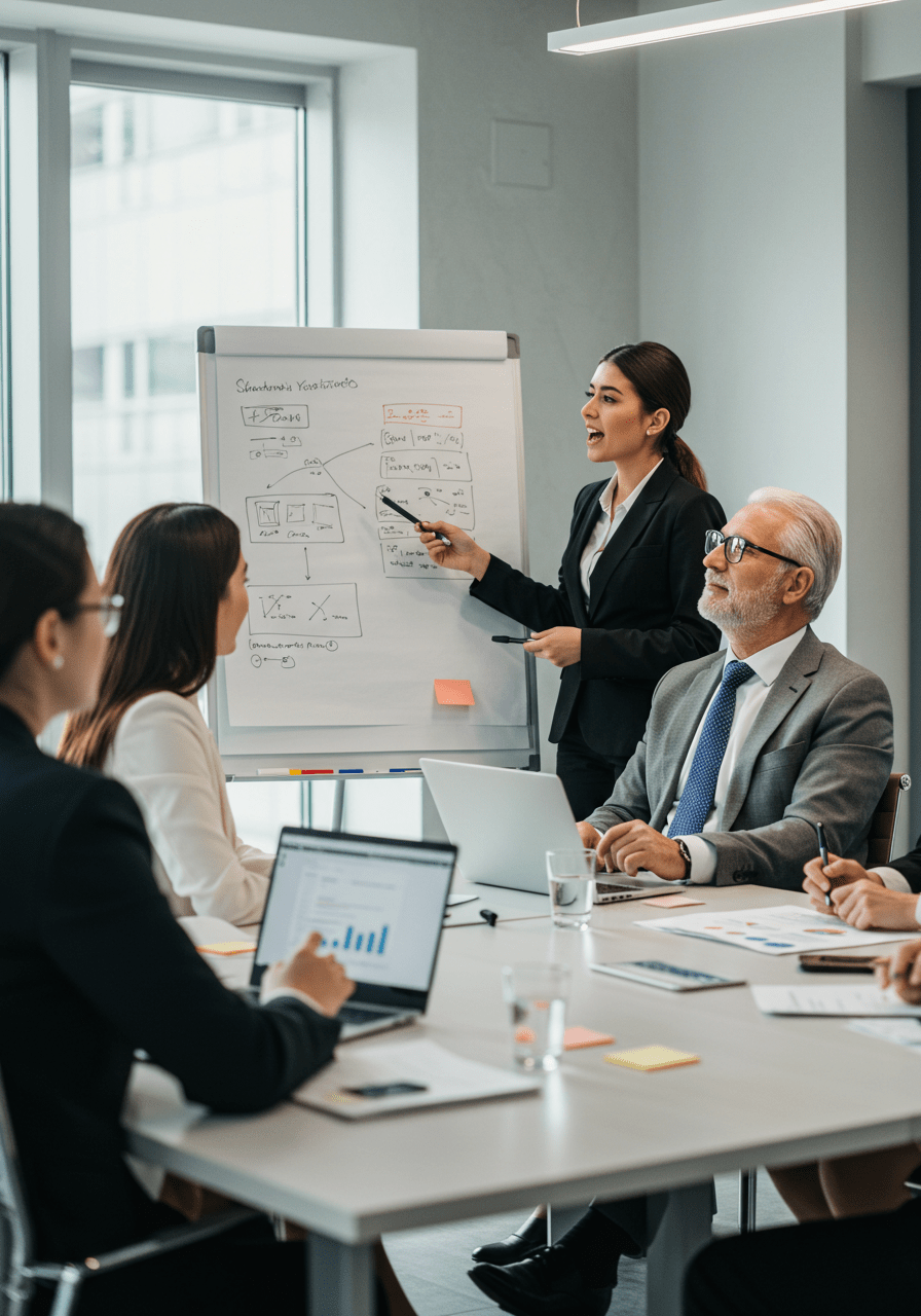Employee sharing ideas confidently during a meeting with their boss in a corporate office
