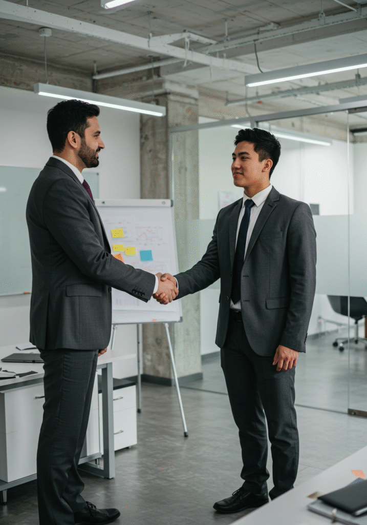 Boss and employee shaking hands to symbolize trust and good relations at work
