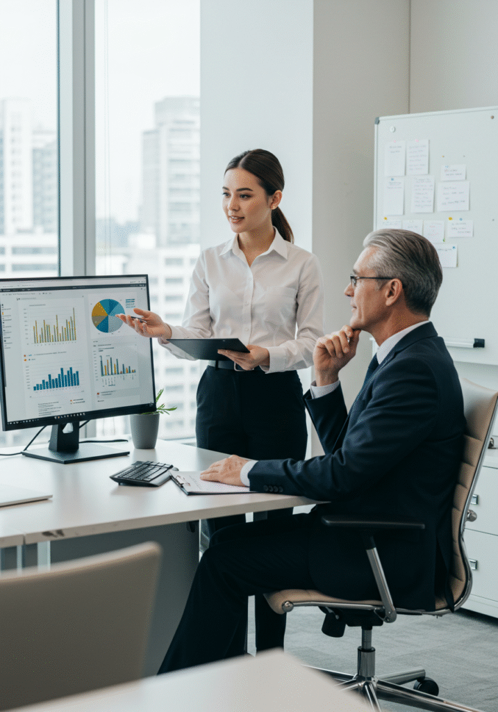 Workplace scene showing an employee giving feedback to their manager for better collaboration