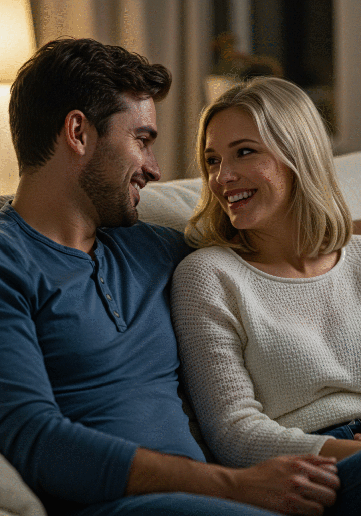 A happy couple discussing relationship matters openly on a sofa, representing mutual consent in a healthy relationship