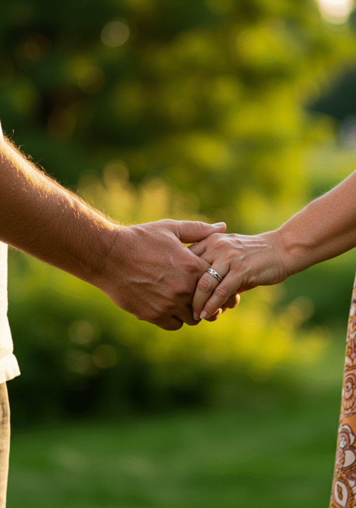 Couple's hands gently clasped outdoors, symbolizing trust and mutual agreement in a healthy relationship