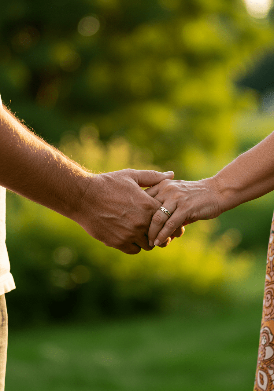 Couple's hands gently clasped outdoors, symbolizing trust and mutual agreement in a healthy relationship