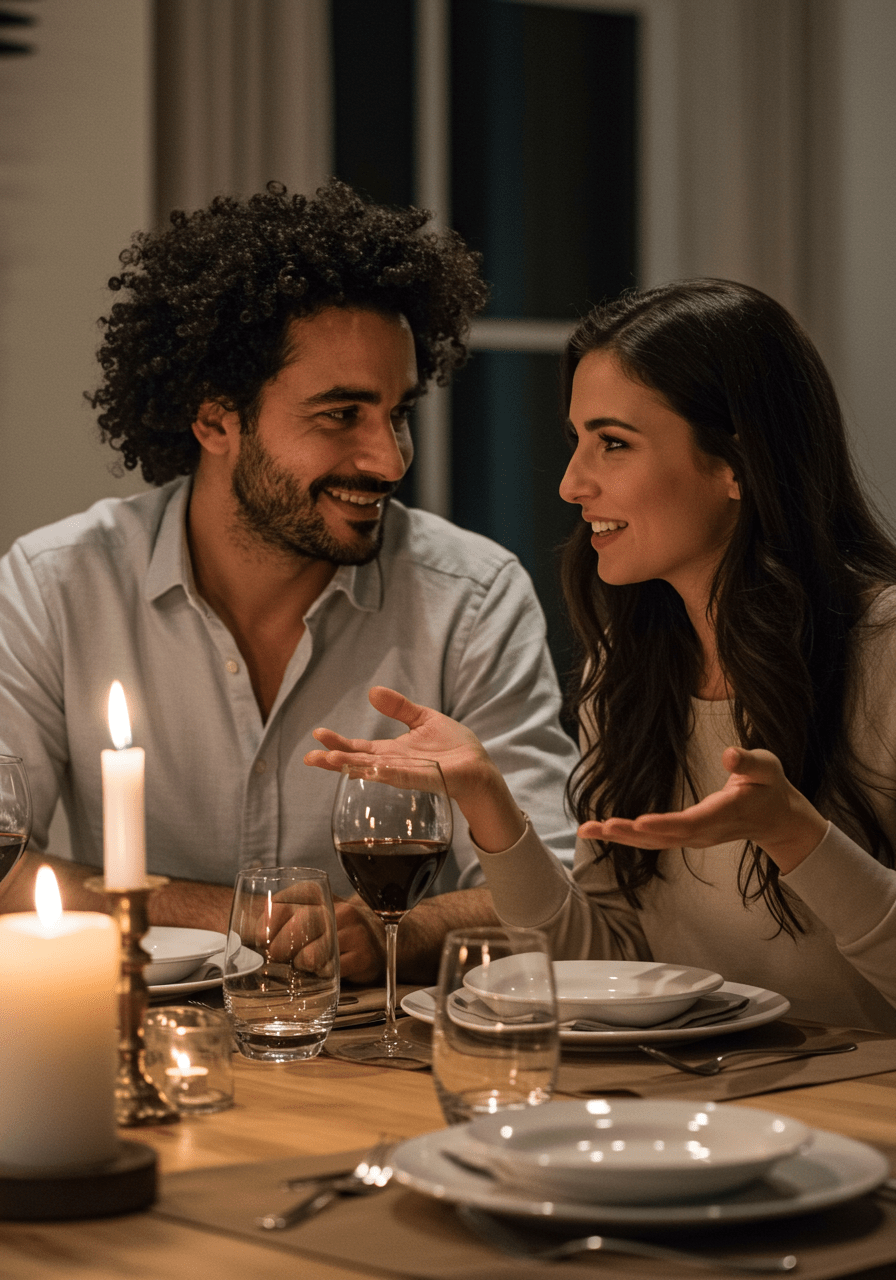 Couple sharing a meaningful conversation over dinner, emphasizing respectful communication in a healthy relationship