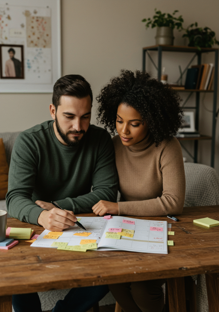 Couple planning date night on a calendar to schedule intimacy and strengthen their relationship.