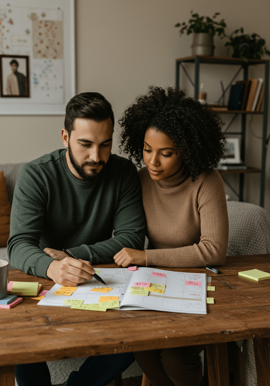 Couple planning date night on a calendar to schedule intimacy and strengthen their relationship.