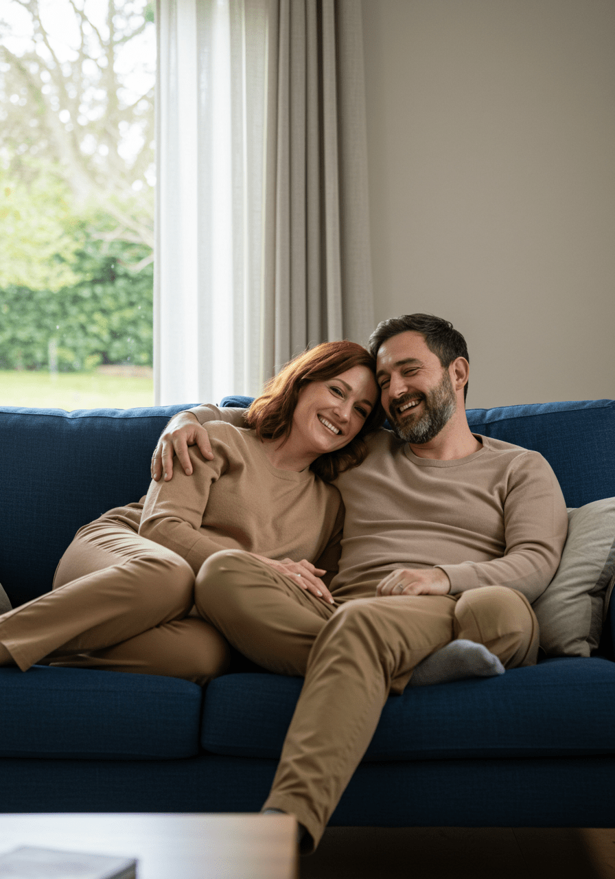Happy couple talking about their schedule to maintain intimacy and closeness.