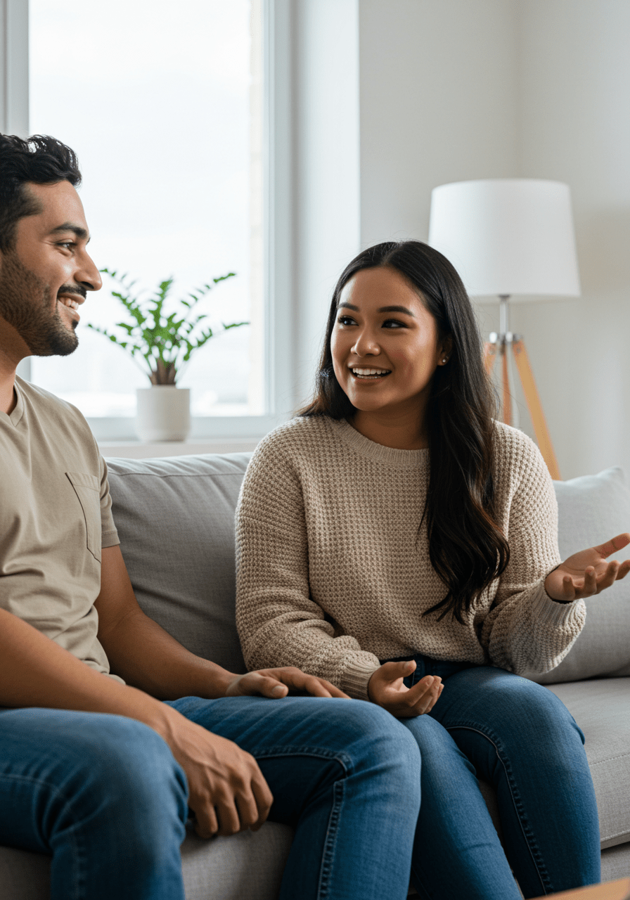 Woman engaging in a candid conversation with her partner about self-pleasure and self-care in a living room