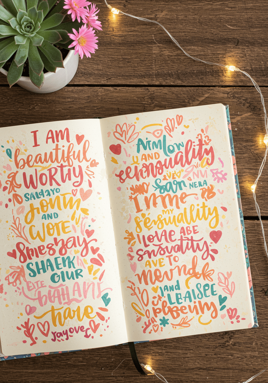 Open journal with affirmations about self-love and self-pleasure, symbolizing self-care practices