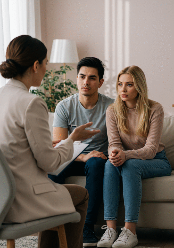 Therapist providing guidance to a couple experiencing sexual burnout in a therapy office