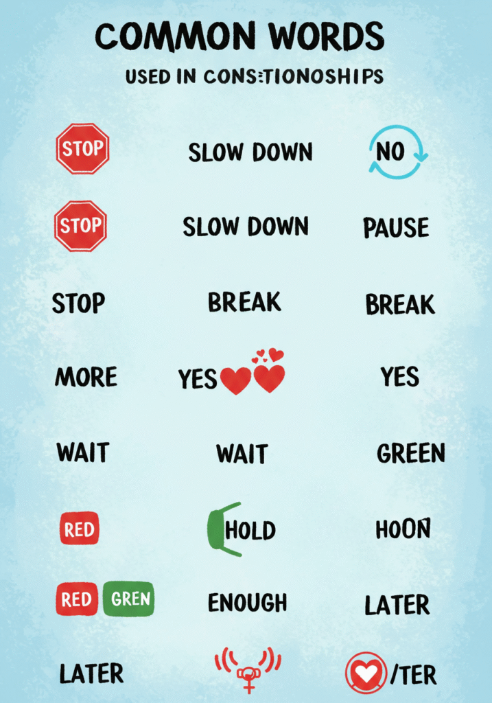 Infographic of safe words with examples for healthy communication in relationships.