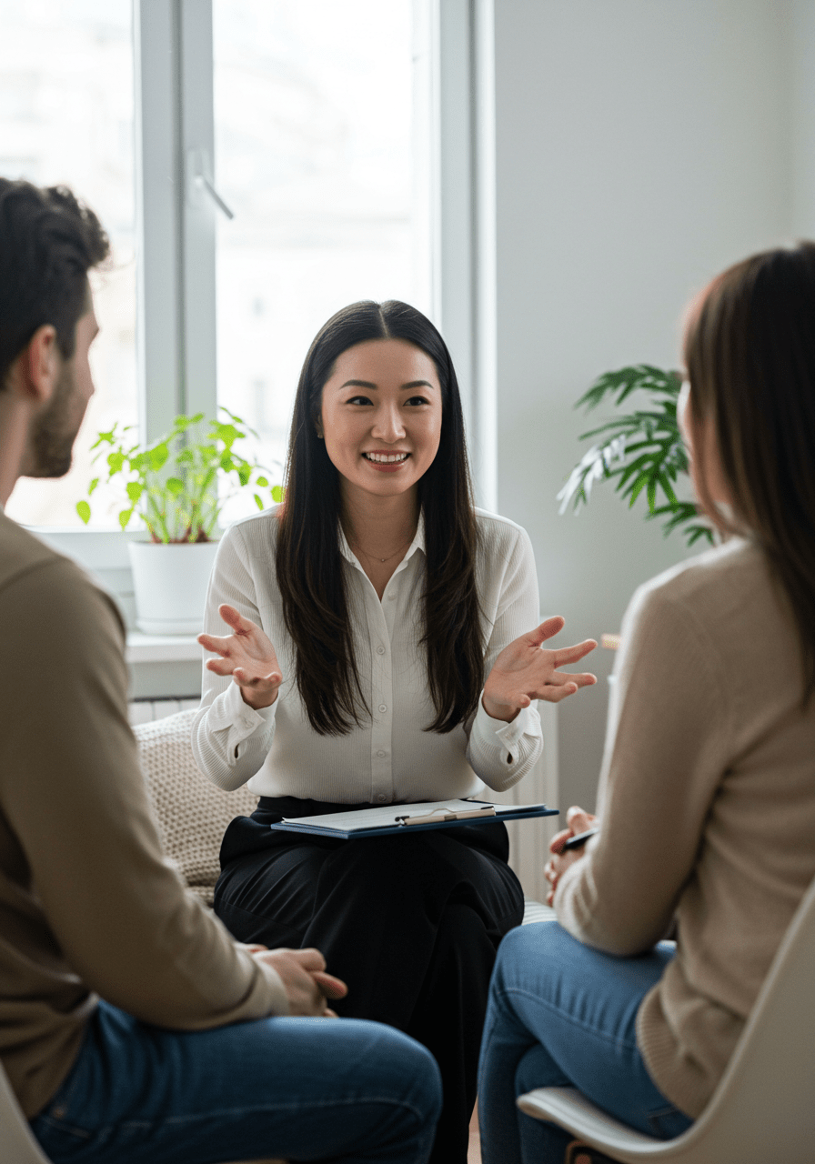 Therapist or counselor advising a couple on communication and the importance of safe words.