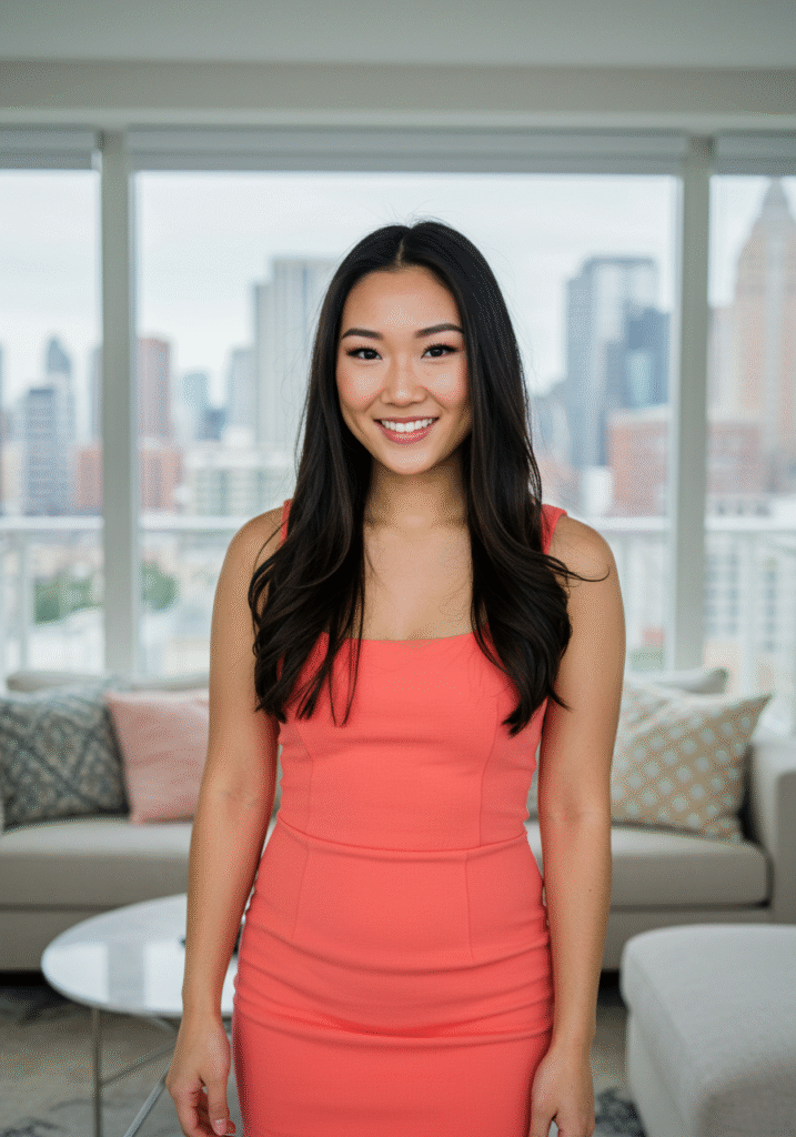 Confident woman smiling with open body language, showcasing high self-esteem and sexual confidence in a bright setting