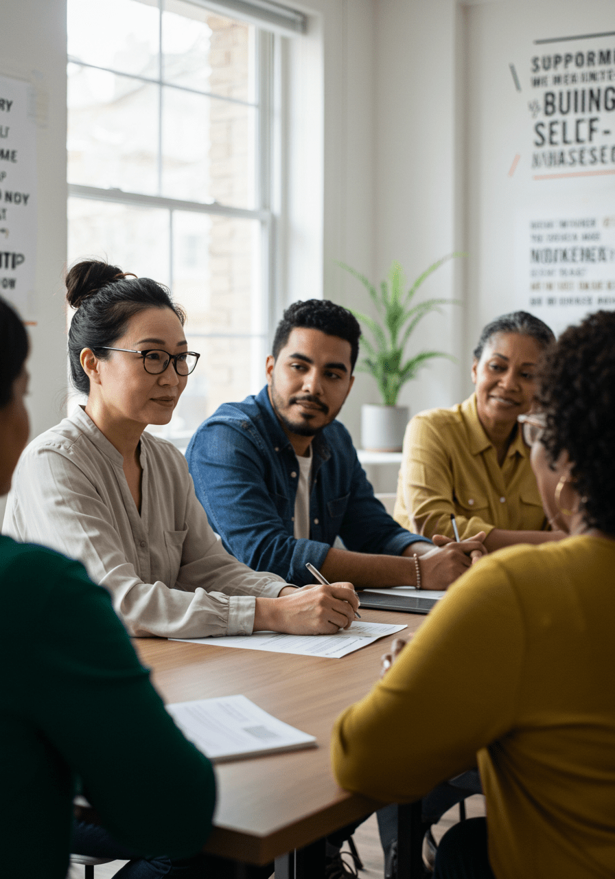 Diverse group of people participating in a self-esteem or confidence-building workshop, promoting sexual confidence