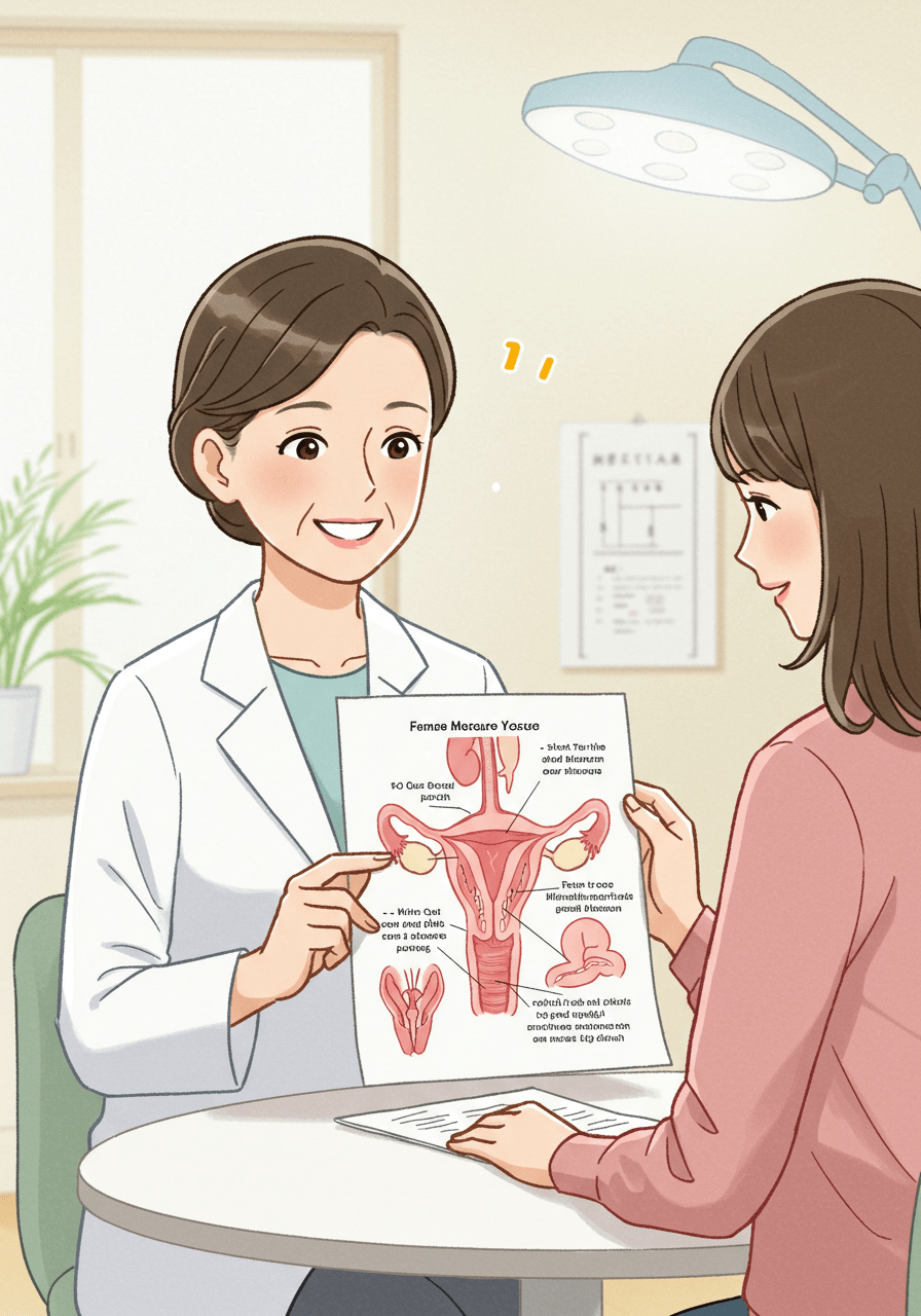 Doctor explaining female anatomy to a woman to clarify myths about female pleasure.