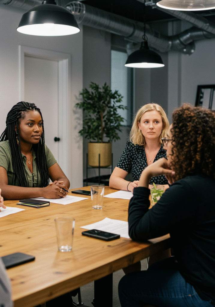 Women participating in a discussion group about female pleasure myths and facts, promoting empowerment.