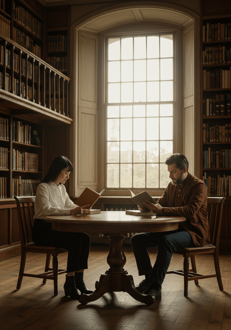 Two friends reading books side by side in a library, depicting deep platonic companionship.