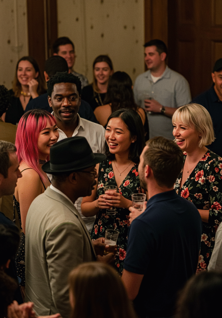 People at a social event showcasing different expressions of attraction and interest as part of understanding human turn-ons