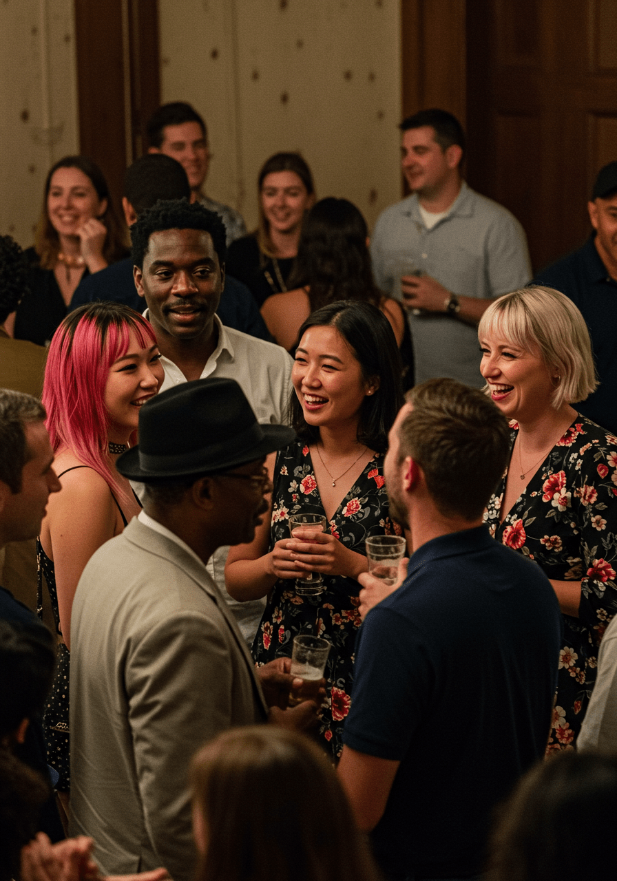 People at a social event showcasing different expressions of attraction and interest as part of understanding human turn-ons