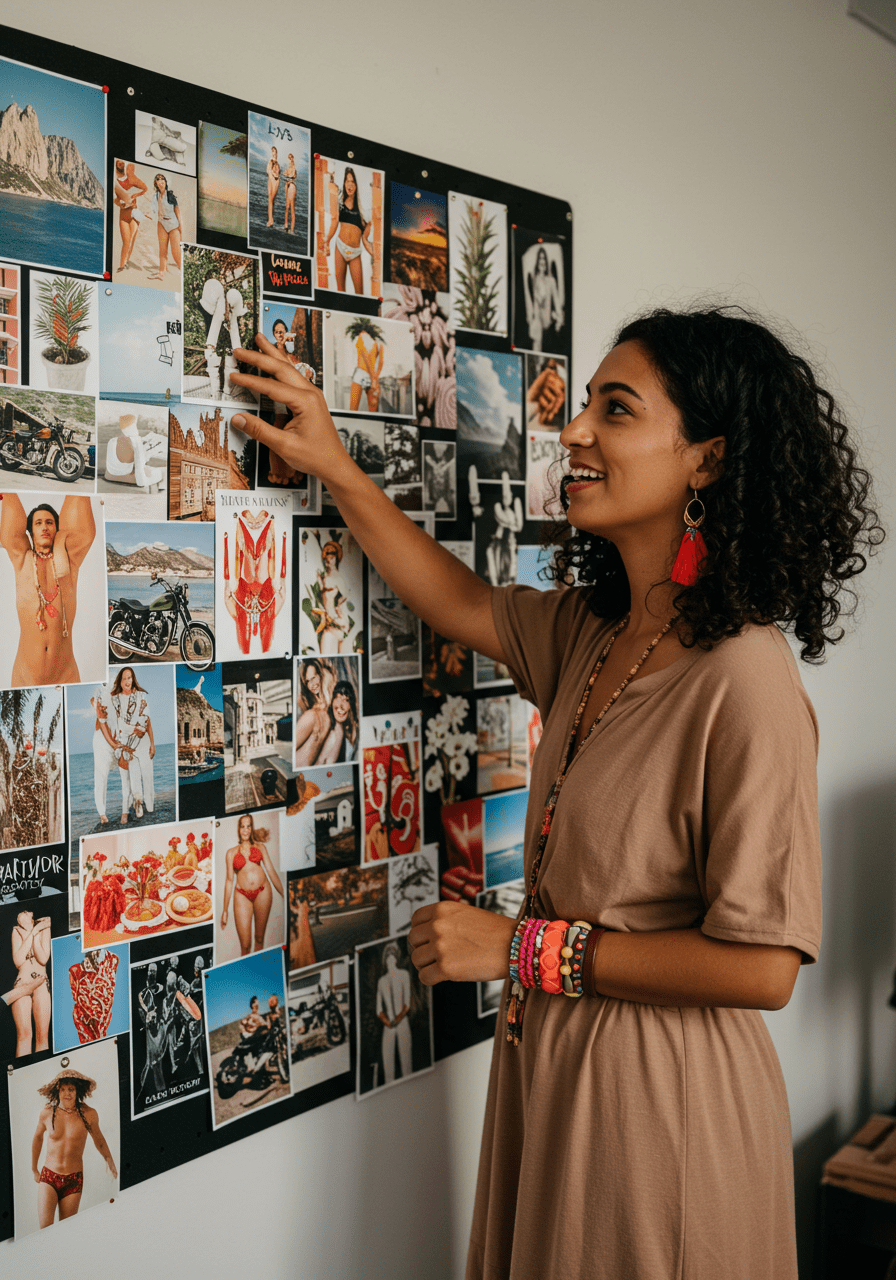 Person selecting images on a mood board representing different personal turn-ons and interests for psychological insights