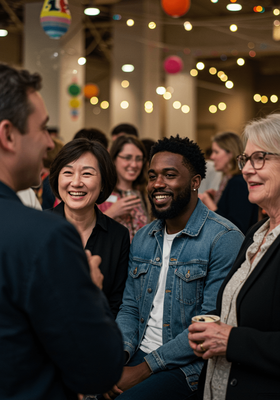 Group of adults socializing and building bonds at an indoor community event