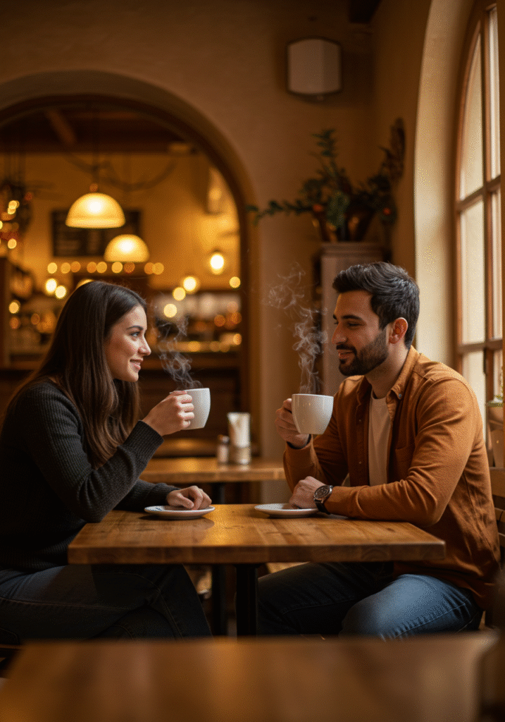 Two adults having an emotional conversation over coffee to depict meaningful social bonds